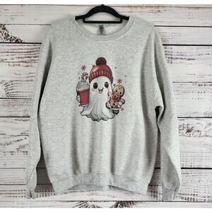 Gildan Heavy Blend Christmas Ghost Sweatshirt L Womens Gray Pullover Crew Neck